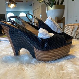 Black Snakeskin & Wood Platform Wedge